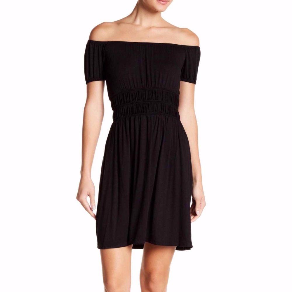 Vanity Room Smocked Off-the-Shoulder Black Dress, Size S